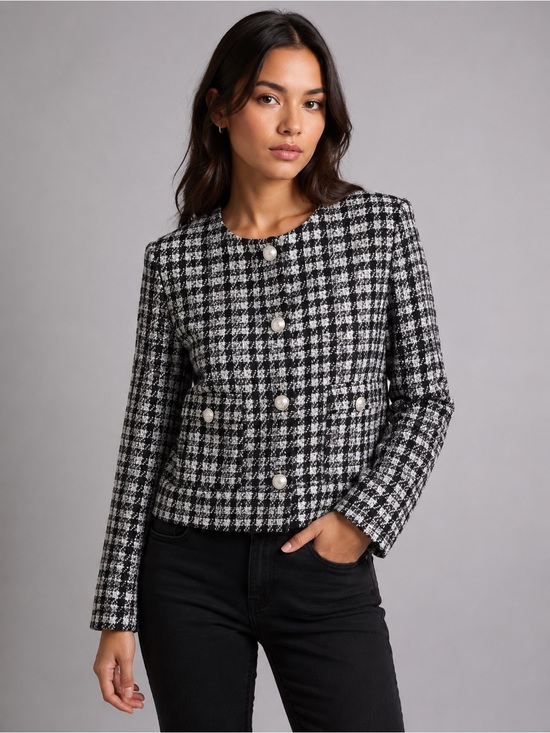 H&M Jackets & Blazers - H&M Black & White Plaid Bouclé Jacket – Size M | Silver Button Detail